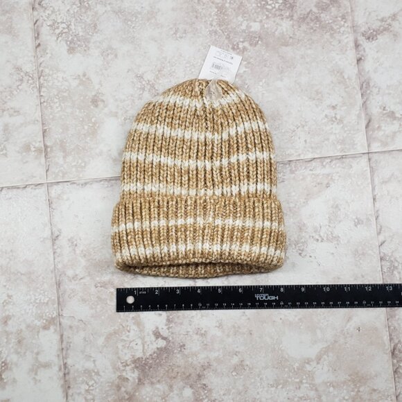 Beanie Brown Acorn Cuffed Fleece Lined No Pom Striped Toboggan Time & Tru OS - Picture 5 of 7